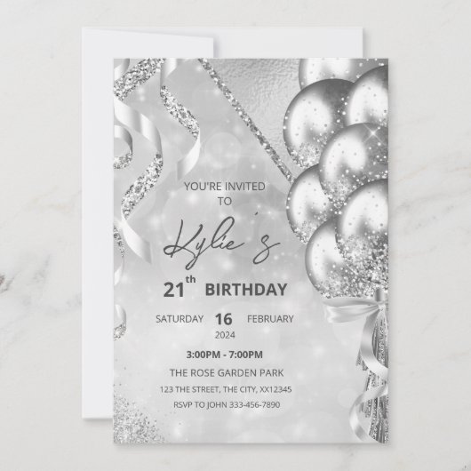 Silver Glam Birthday Party Invitation Kaart (Voorkant)