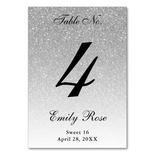 Silver Glam Glitter Tafelnummer Kaart (Voorkant)