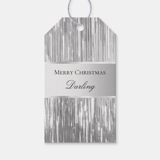 Silver Glam Glitzy Tinsel Stripes Cadeaulabel (Voorkant)