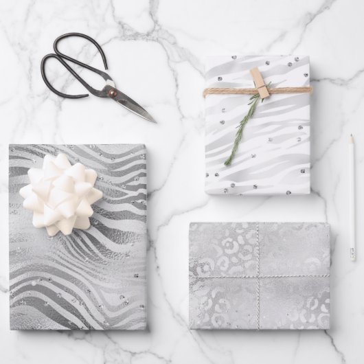 Silver Glam Sparkle Glitter Animal Prints Inpakpapier Vel (Voorkant)