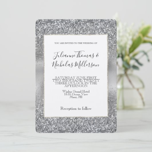 Silver Glam Sparkle Glitz Wedding Kaart (Staand voorkant)