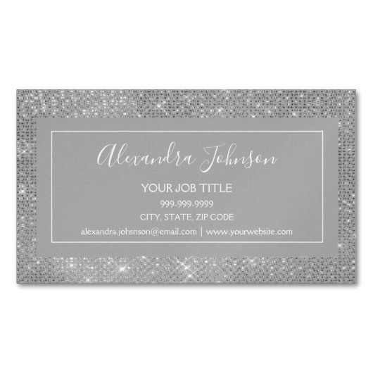 Silver Glam Sparkle Modern en Elegant Magnetisch Visitekaartje (Voorkant)