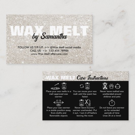 Silver Glam Wax Melt Care Instructions Visitekaartje (Voorkant / Achterkant)
