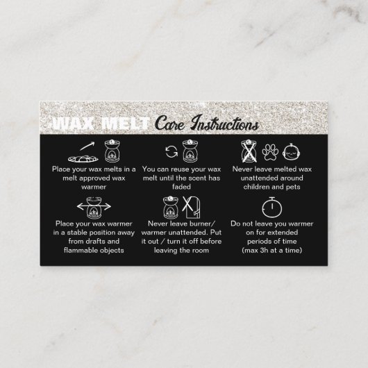 Silver Glam Wax Melt Care Instructions Visitekaartje (Achterkant)