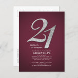 Silver Glitter 21st Birthday Party Burgundy Uitnodiging Briefkaart<br><div class="desc">Silver Glitter 21st Birthday Party Burgundy Invitation Briefkaart kunt u gemakkelijk aanpassen met uw partijdetails door op de knop 'Personalize' te klikken. De glitter "21" en de achtergrond worden ingesteld terwijl u de lettertypen, tekst en lay-out eenvoudig kunt wijzigen door op de knop "Bewerken met ontwerpgereedschap" te klikken die onder...</div>