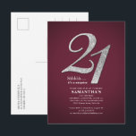 Silver Glitter 21st Birthday Party Burgundy Uitnodiging Briefkaart<br><div class="desc">Silver Glitter 21st Birthday Party Burgundy Invitation Briefkaart kunt u gemakkelijk aanpassen met uw partijdetails door op de knop 'Personalize' te klikken. De glitter "21" en de achtergrond worden ingesteld terwijl u de lettertypen, tekst en lay-out eenvoudig kunt wijzigen door op de knop "Bewerken met ontwerpgereedschap" te klikken die onder...</div>