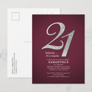 Silver Glitter 21st Birthday Party Burgundy Uitnodiging Briefkaart