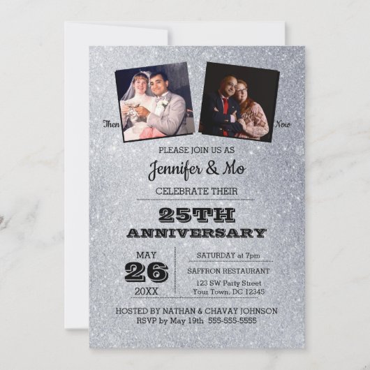 Silver Glitter 25e bruiloft Jubileum Foto Kaart (Voorkant)