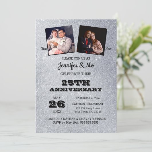 Silver Glitter 25e bruiloft Jubileum Foto Kaart (Staand voorkant)