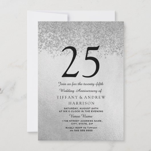Silver Glitter 25th Wedding Jubileum Uitnodiging (Voorkant)