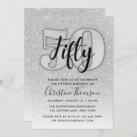 Silver Glitter 29th Birthday Invitation Kaart (Voorkant / Achterkant)