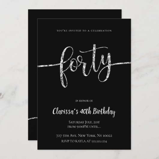Silver Glitter 40th Birthday Invitations Kaart (Voorkant / Achterkant)