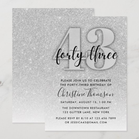 Silver Glitter 43rd Birthday Invitation Kaart (Voorkant / Achterkant)