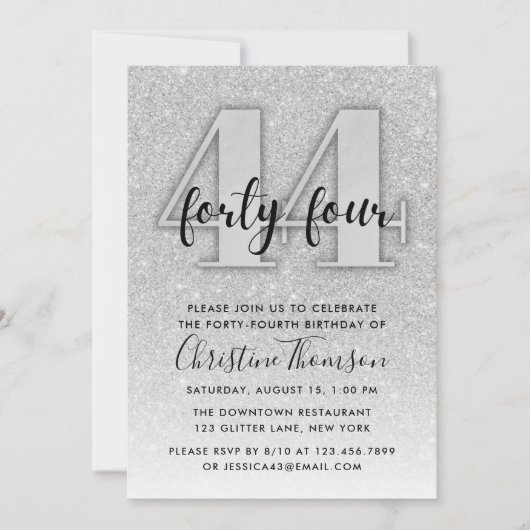 Silver Glitter 44th Birthday Invitation Kaart (Voorkant)