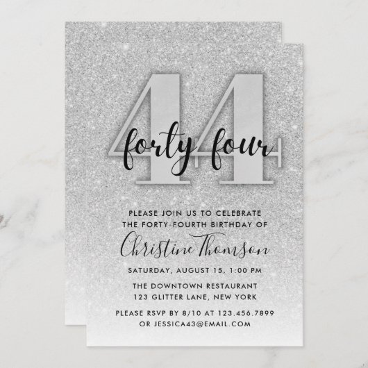 Silver Glitter 44th Birthday Invitation Kaart (Voorkant / Achterkant)