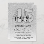 Silver Glitter 45th Birthday Invitation Kaart (Voorkant / Achterkant)
