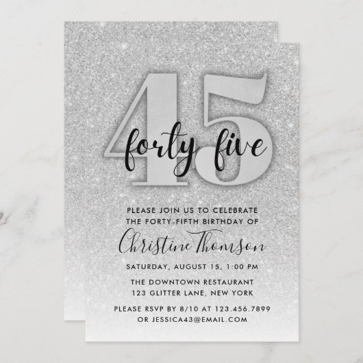 Silver Glitter 45th Birthday Invitation Kaart (Voorkant / Achterkant)