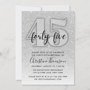 Silver Glitter 45th Birthday Invitation Kaart