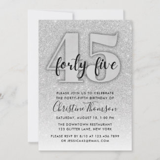 Silver Glitter 45th Birthday Invitation Kaart