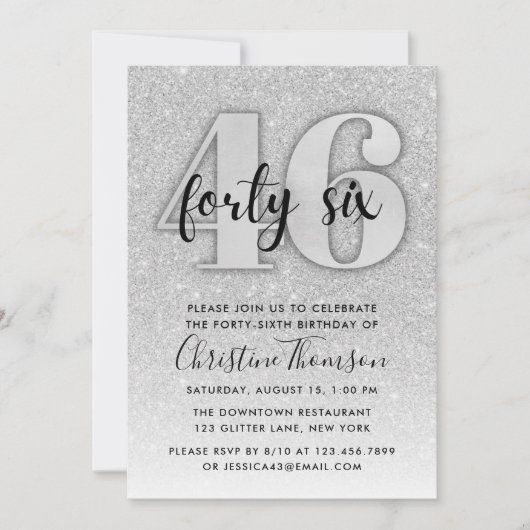 Silver Glitter 46th Birthday Invitation Kaart (Voorkant)