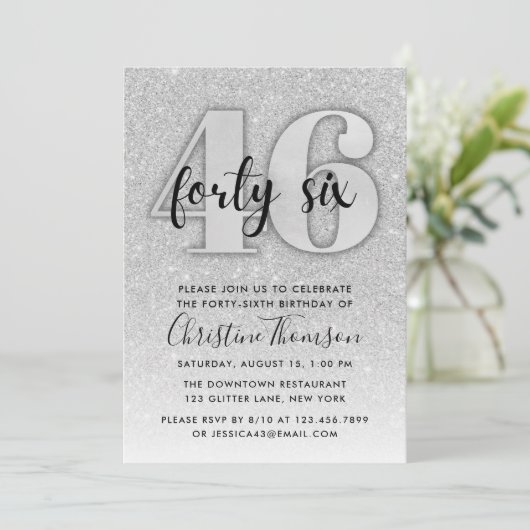 Silver Glitter 46th Birthday Invitation Kaart (Staand voorkant)
