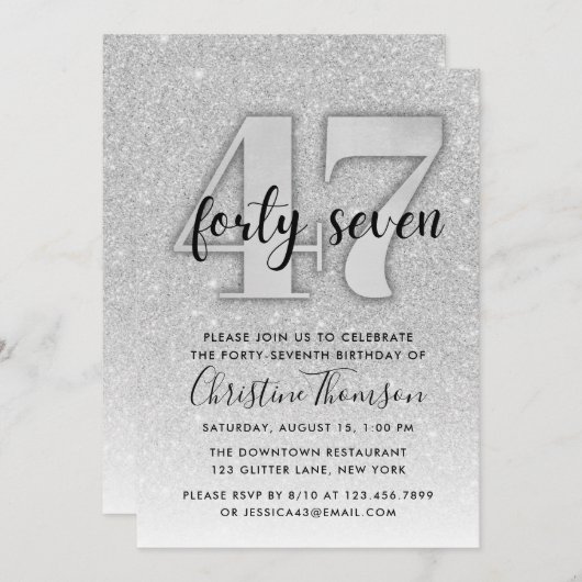 Silver Glitter 47th Birthday Invitation Kaart (Voorkant / Achterkant)
