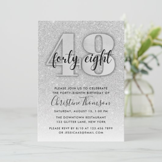 Silver Glitter 48th Birthday Invitation Kaart (Staand voorkant)