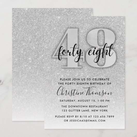 Silver Glitter 48th Birthday Invitation Kaart (Voorkant / Achterkant)