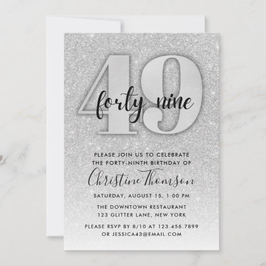 Silver Glitter 49th Birthday Invitation Kaart (Voorkant)