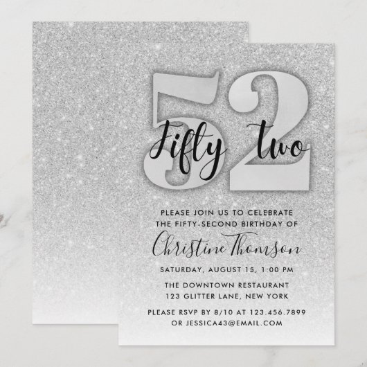 Silver Glitter 52nd Birthday Invitation Kaart (Voorkant / Achterkant)