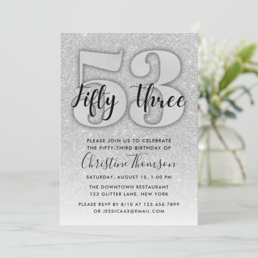 Silver Glitter 53rd Birthday Invitation Kaart (Staand voorkant)