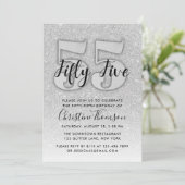 Silver Glitter 55th Birthday Invitation Kaart (Staand voorkant)