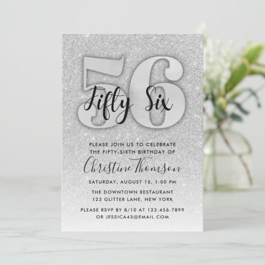 Silver Glitter 56th Birthday Invitation Kaart (Staand voorkant)