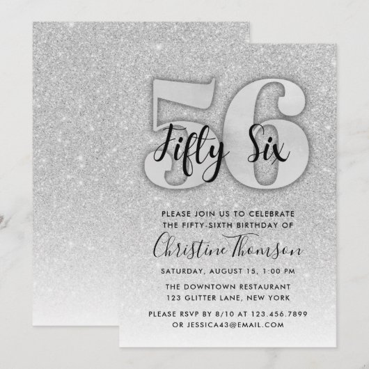 Silver Glitter 56th Birthday Invitation Kaart (Voorkant / Achterkant)