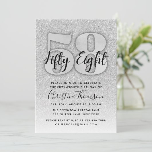 Silver Glitter 58th Birthday Invitation Kaart (Staand voorkant)