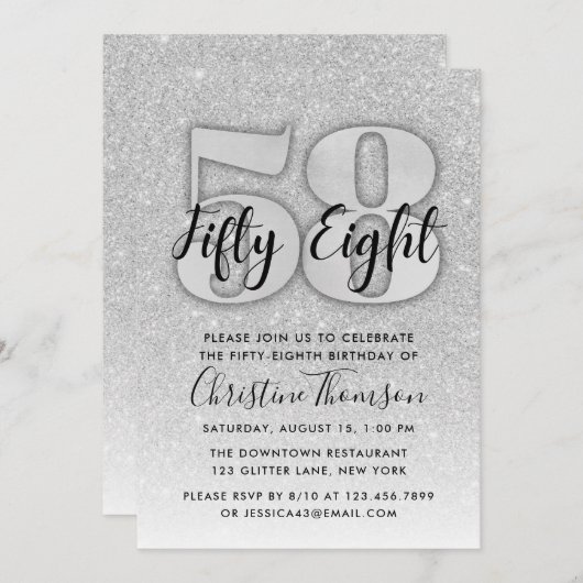 Silver Glitter 58th Birthday Invitation Kaart (Voorkant / Achterkant)