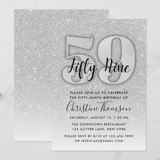 Silver Glitter 59th Birthday Invitation Kaart (Voorkant / Achterkant)