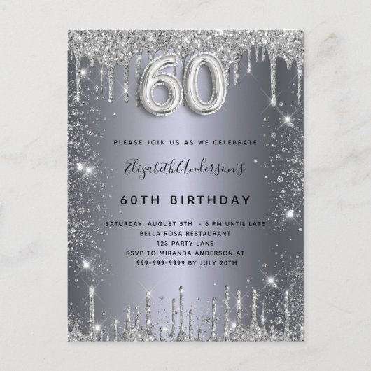 Silver glitter, 60ste verjaardag, druist glamoureu uitnodiging briefkaart (Voorkant)
