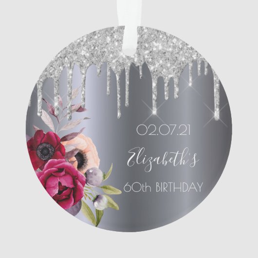 Silver glitter, 60ste verjaardag, druppelt op flor ornament (achterkant)