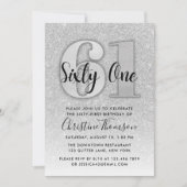 Silver Glitter 61st Birthday Invitation Kaart (Voorkant)