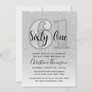 Silver Glitter 61st Birthday Invitation Kaart