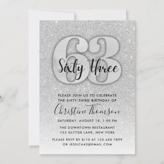 Silver Glitter 63rd Birthday Invitation Kaart (Voorkant)