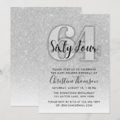 Silver Glitter 64th Birthday Invitation Kaart (Voorkant / Achterkant)