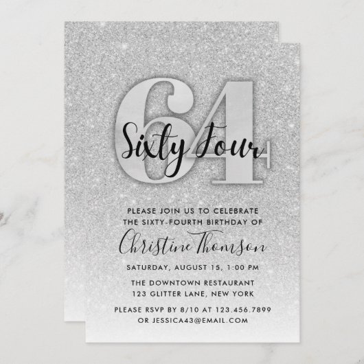 Silver Glitter 64th Birthday Invitation Kaart (Voorkant / Achterkant)