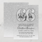 Silver Glitter 66th Birthday Invitation Kaart (Voorkant / Achterkant)