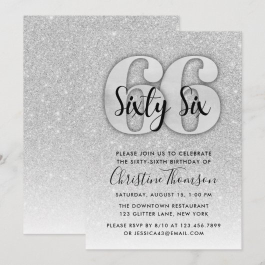 Silver Glitter 66th Birthday Invitation Kaart (Voorkant / Achterkant)