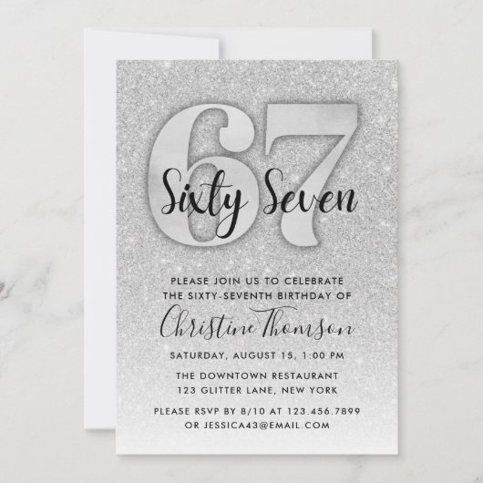Silver Glitter 67th Birthday Invitation Kaart (Voorkant)