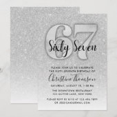 Silver Glitter 67th Birthday Invitation Kaart (Voorkant / Achterkant)