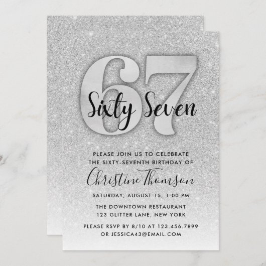 Silver Glitter 67th Birthday Invitation Kaart (Voorkant / Achterkant)