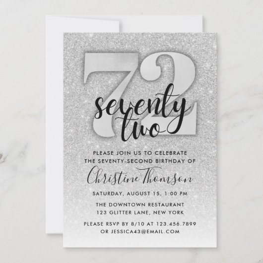 Silver Glitter 72nd Birthday Invitation Kaart (Voorkant)